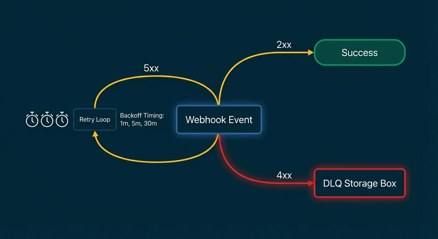 Webhook failure routing diagram: 2xx events succeed, 5xx events retry with backoff, 4xx events go directly to the dead letter queue