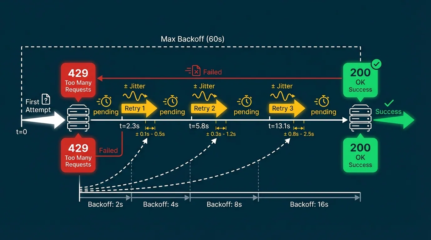 Exponential backoff with jitter — retry timeline showing 429 at t=0, retries at t=2.3s, t=5.8s, t=13.1s with random jitter offsets, capped at 60s