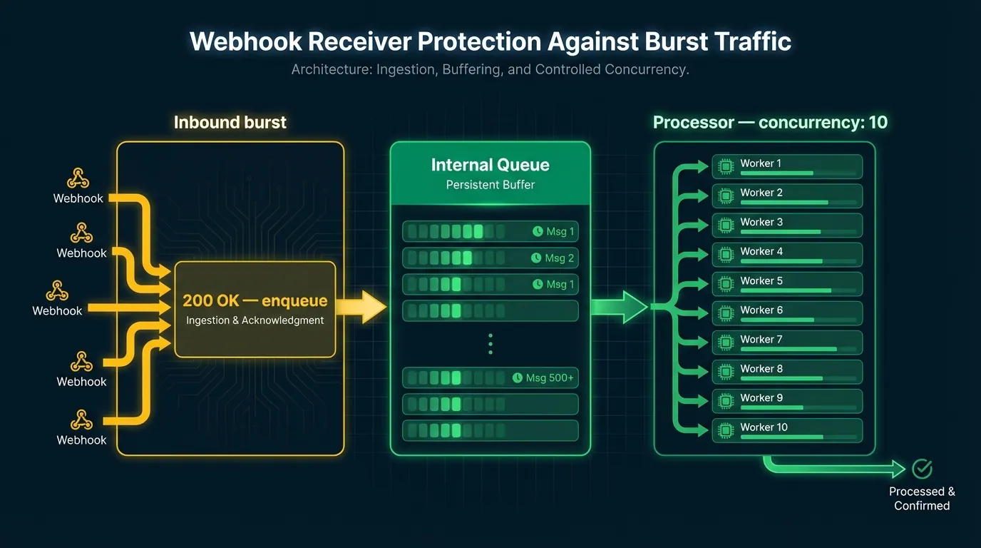 Receiver architecture — inbound webhook burst flows into ingestion layer (200 OK, enqueue), through an internal queue buffer, to a worker pool with concurrency capped at 10