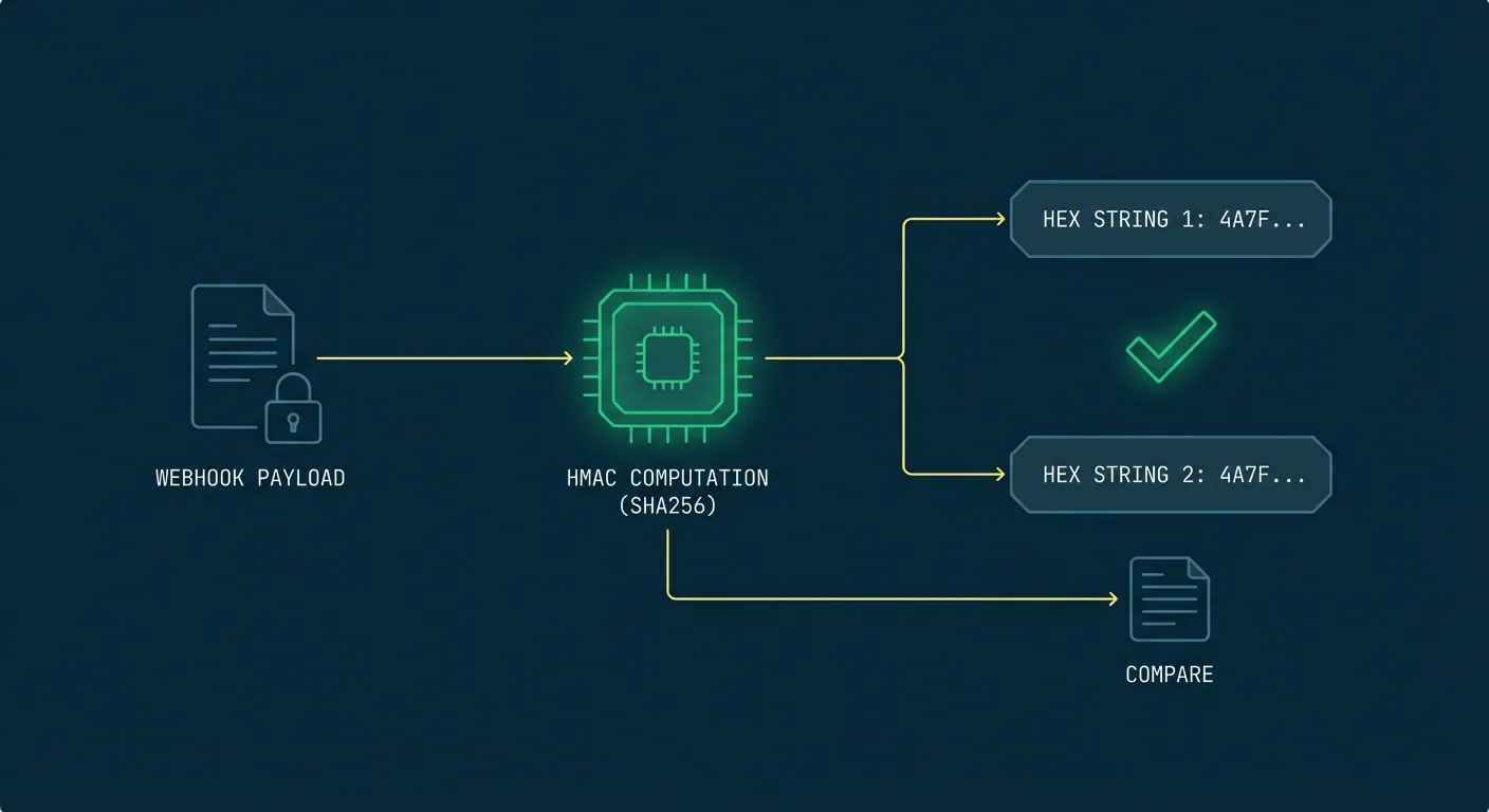HMAC signature verification flow: Hookwing signs the payload with a shared secret, sends the signature in a header, and the receiver recomputes and compares to verify authenticity